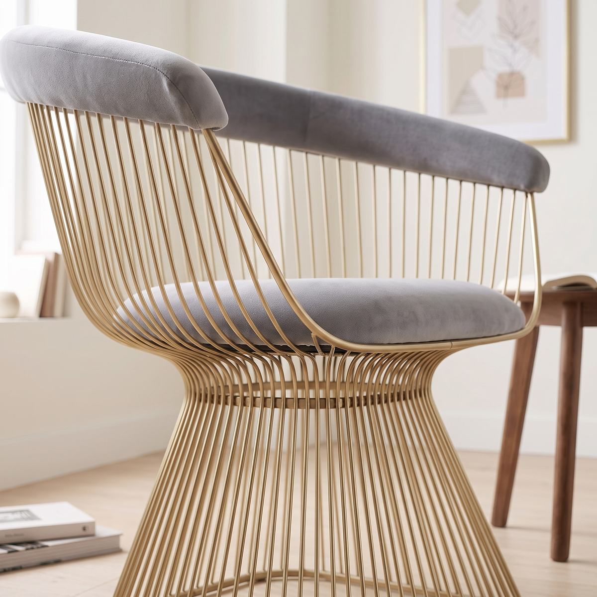 Close-up of the grey velvet upholstery meeting the gold-finished wire frame