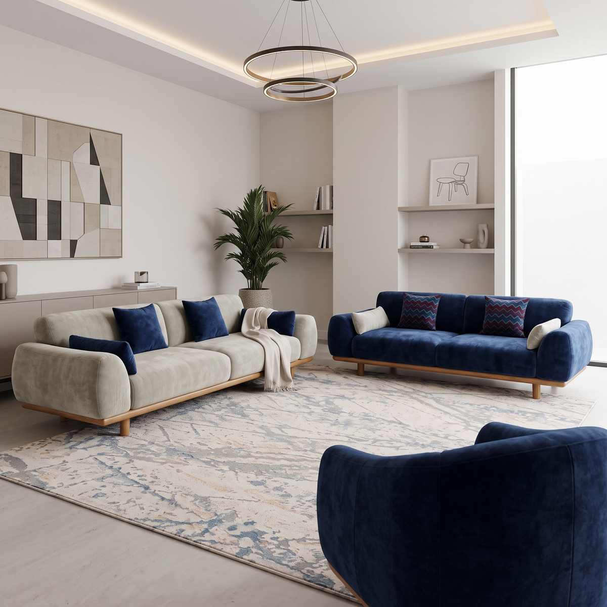Palermo set from behind the navy armchair looking across to the grey-beige and navy sofas