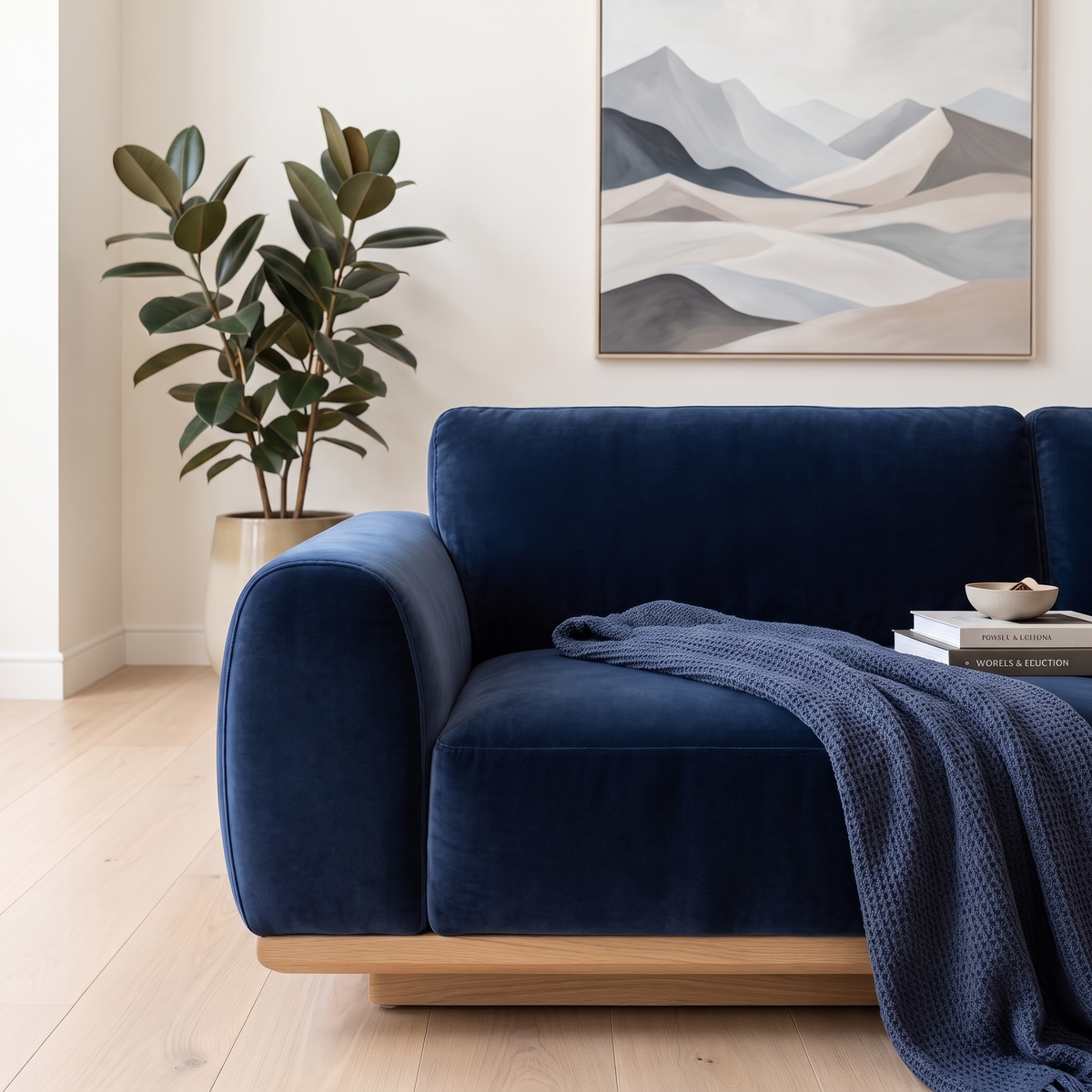Close-up of the navy blue velvet and curved arm of the three seater sofa