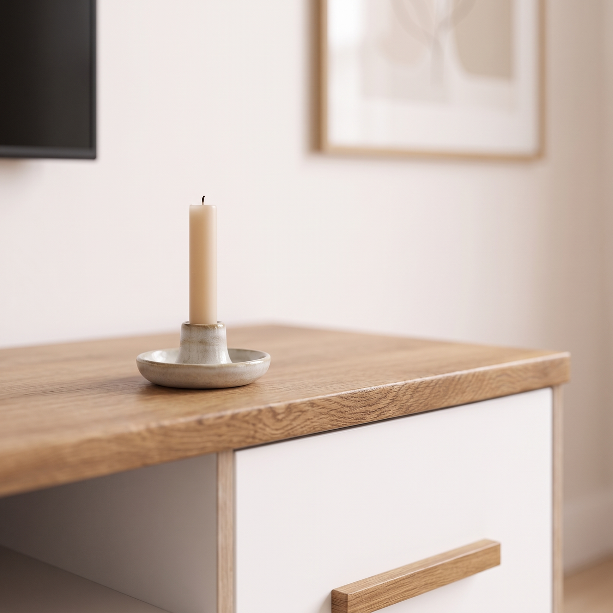 Detail of the oak top corner of the Cemre TV Stand with a candle holder