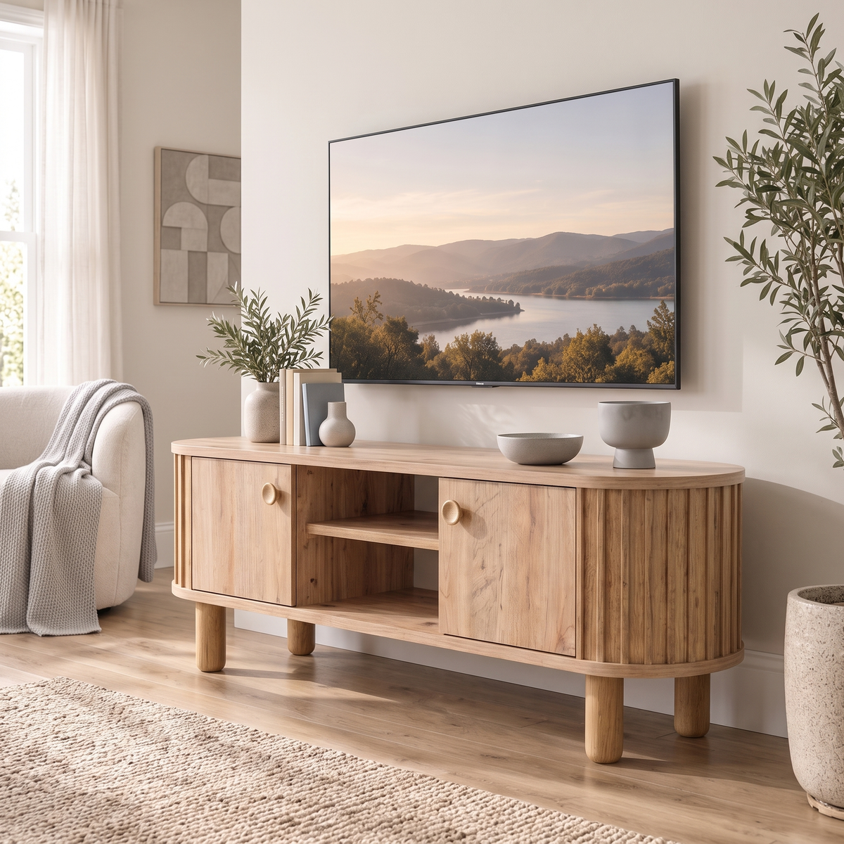 Angled view of the Sedir TV Stand with two cabinets and open shelves
