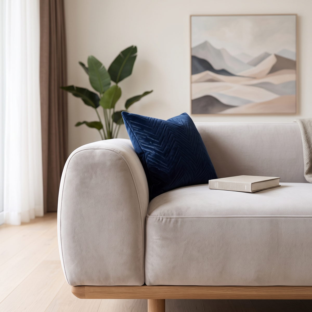 Detail of the grey-beige velvet arm with a navy cushion and a book