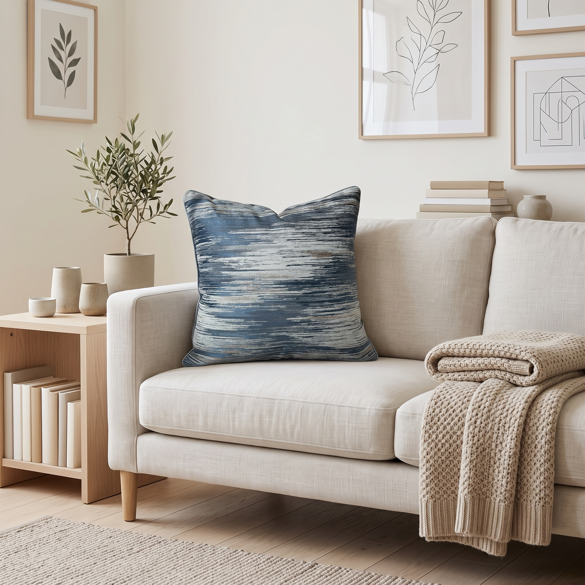 Blue and gold jacquard cushion on a pale linen sofa in a bright Muscat living room