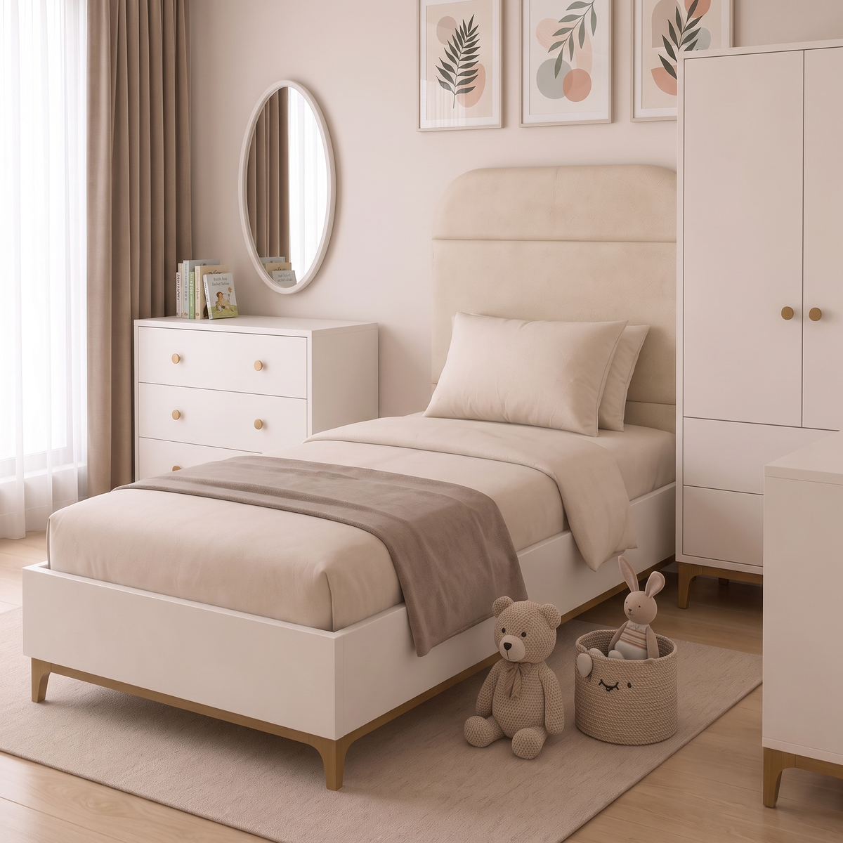 Low angled view of the Polo single bed with upholstered headboard and white dresser