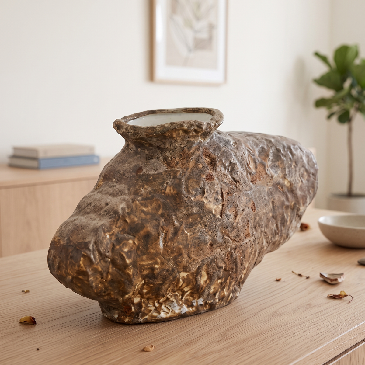 Low angled close view of the asymmetric textured vase