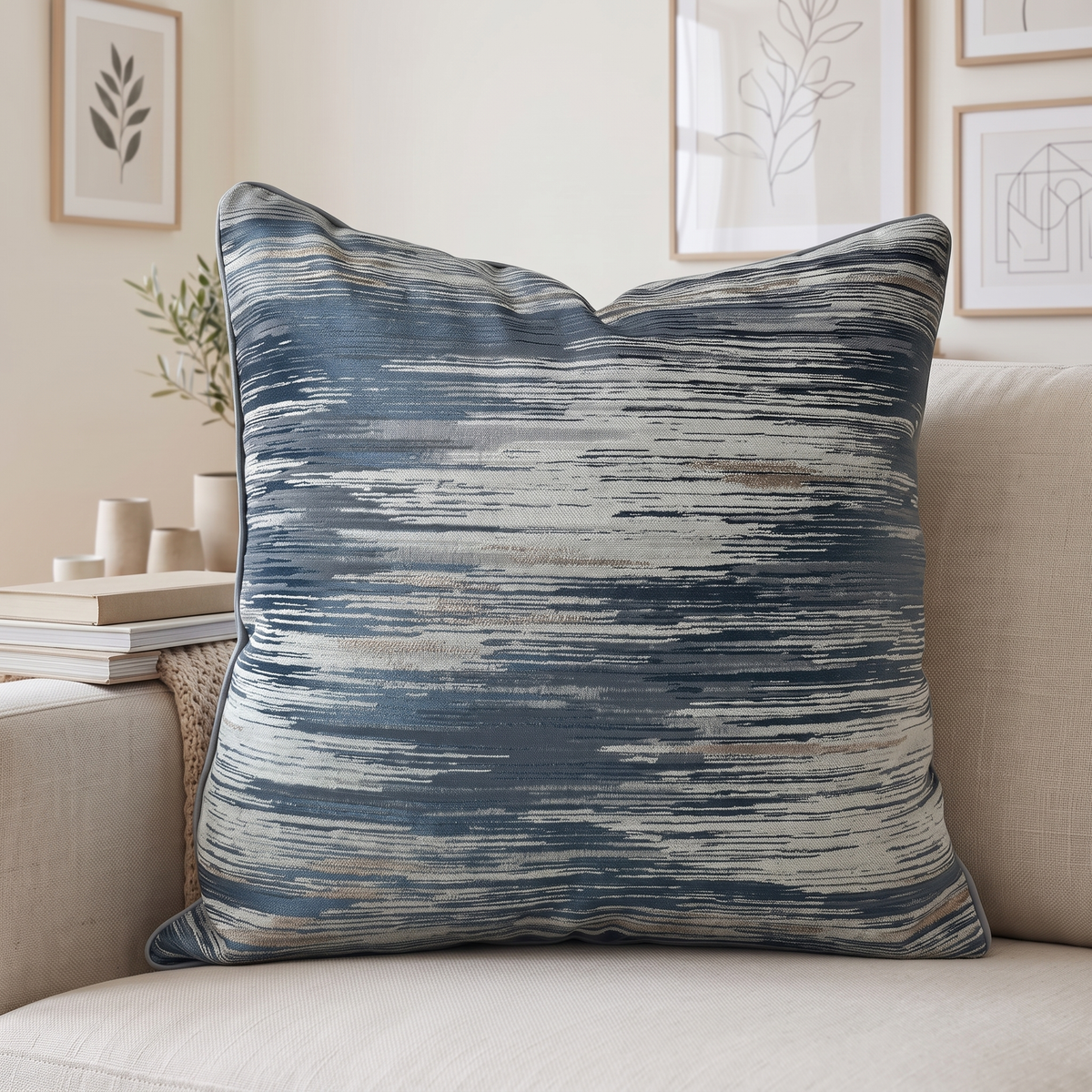Closer angled view of the streaked navy, silver and gold cushion