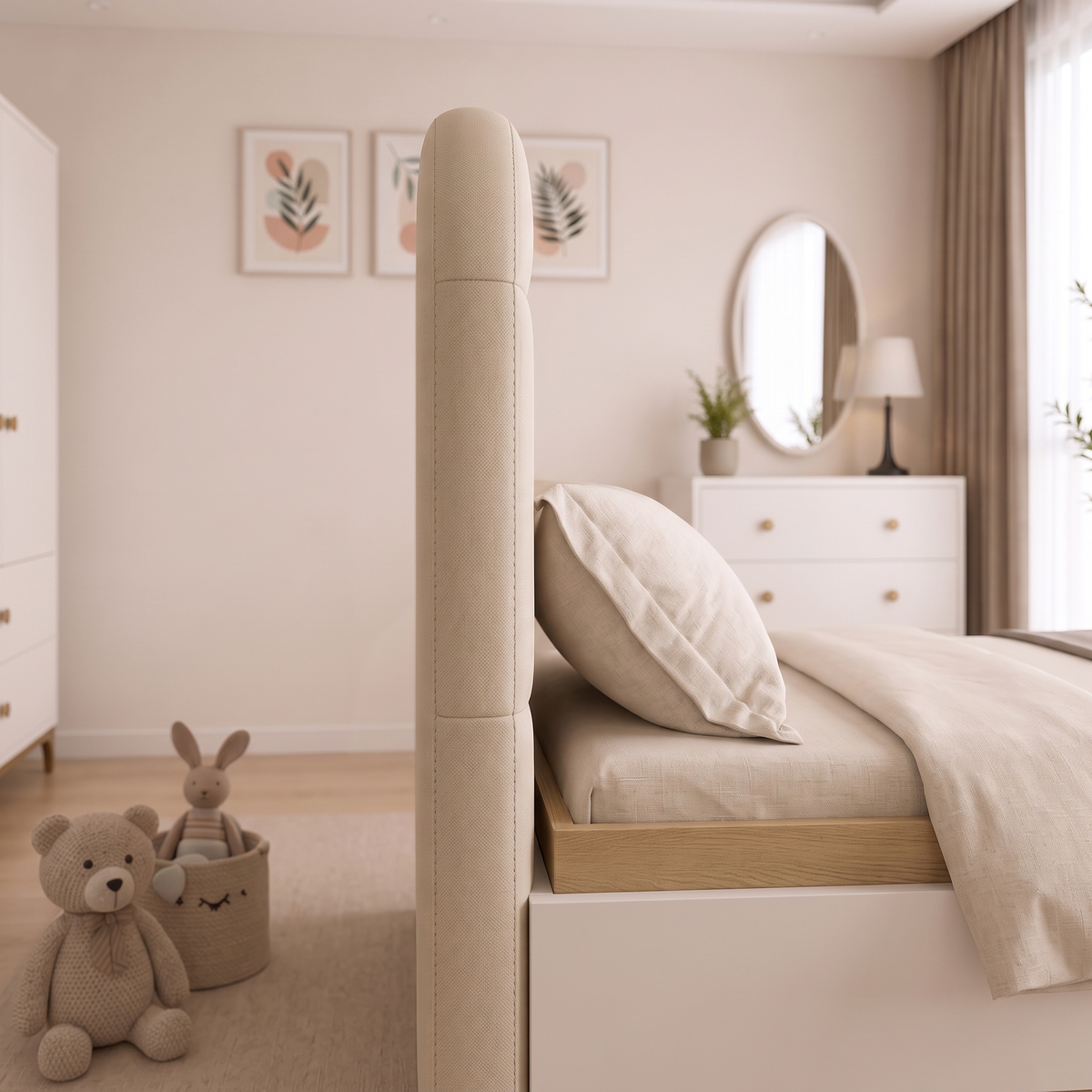 Close-up of the cream upholstered headboard and white bed frame