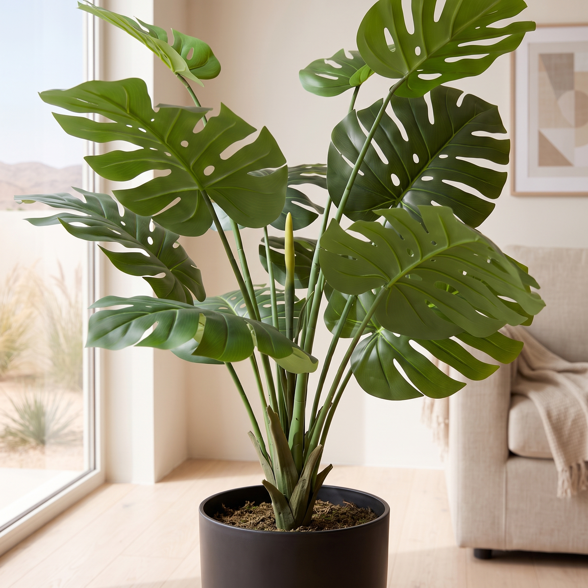 Low angled view of the artificial Monstera leaves and black pot