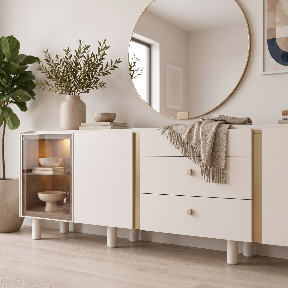 Angled view of the Renata Sideboard drawers, champagne-gold strips and mirror