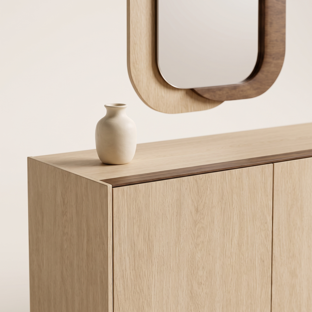 Rota sideboard top edge and layered oak and walnut mirror frame