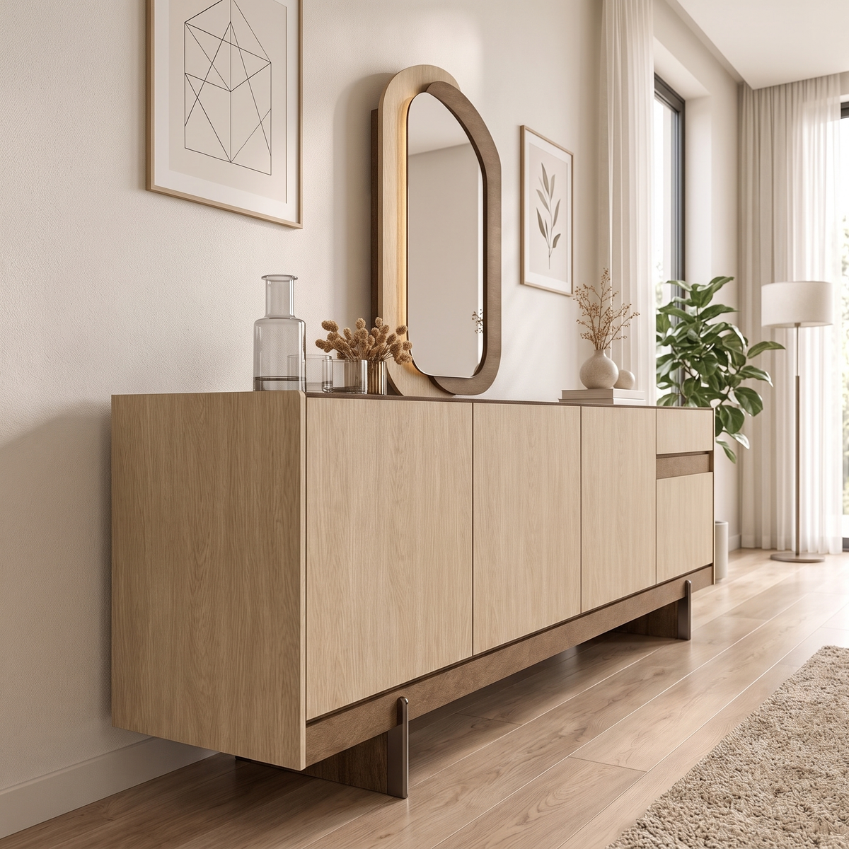 Rota Sideboard with Mirror seen from the side, showing its depth and sled legs