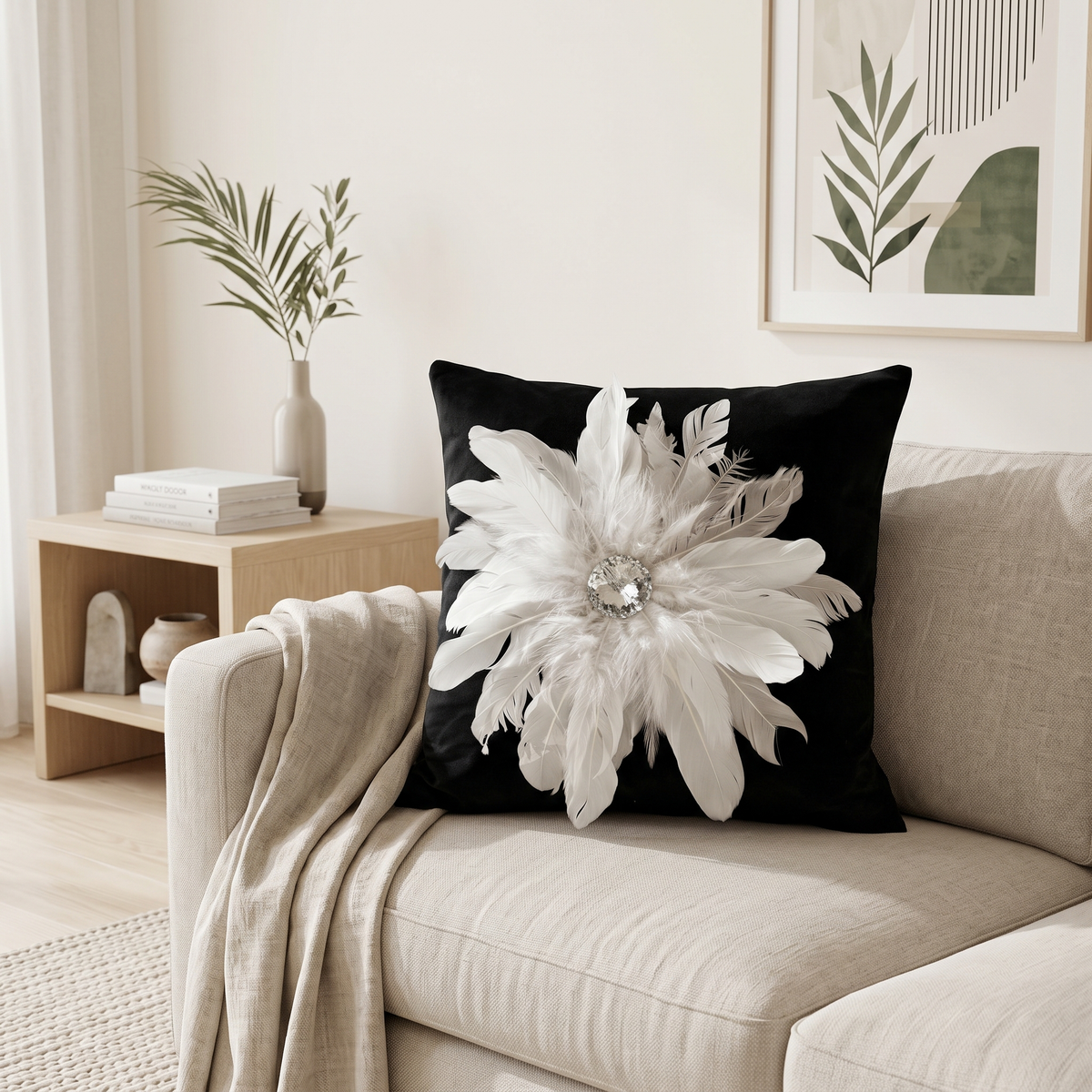 Feather Decorative Cushion Cover on a linen sofa in a bright living room