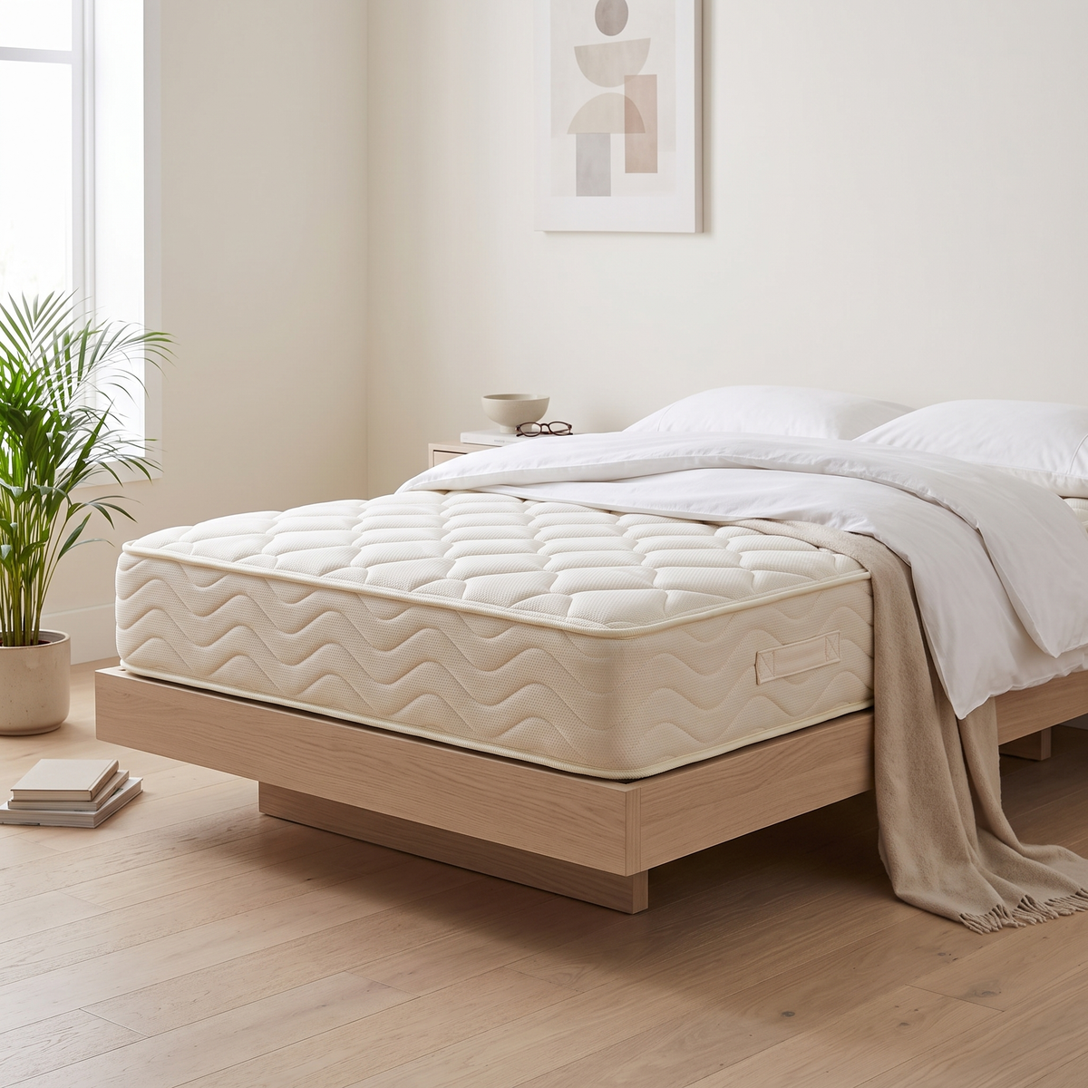 Raha Supreme Mattress 200x150 on a pale oak bed in a bright bedroom