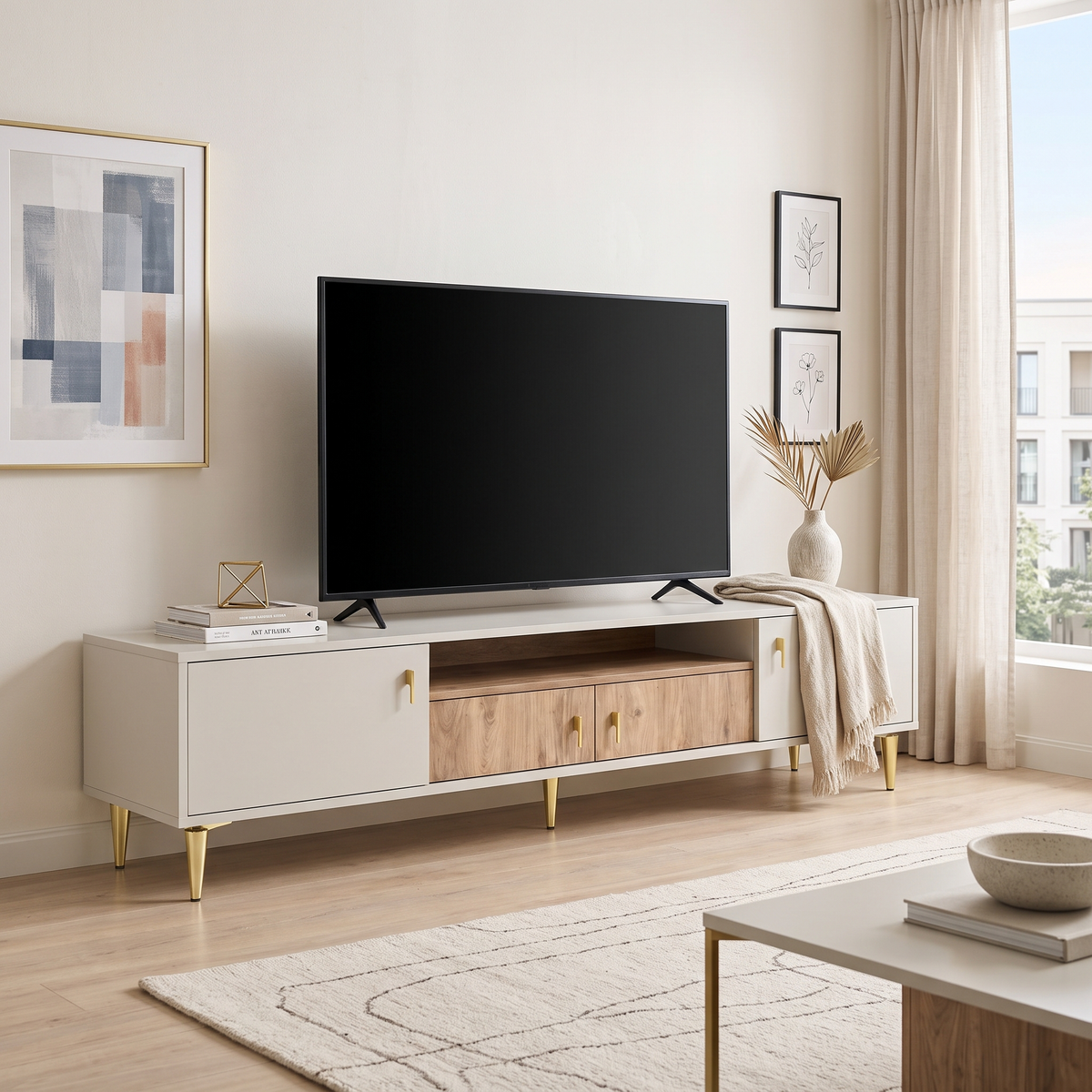 Beyza TV Stand in a bright contemporary living room