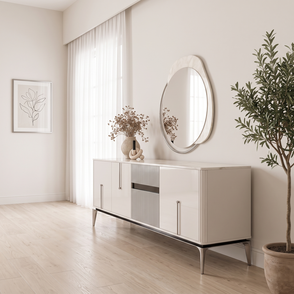 Stil Sideboard with Mirror seen from the side, showing its depth and tapered silver legs