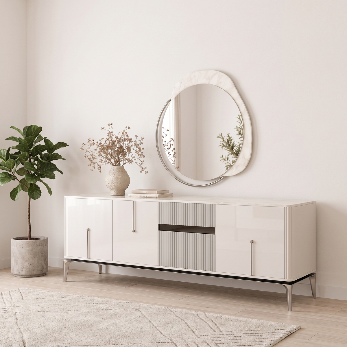 Stil Sideboard with Mirror in ivory gloss with fluted drawers, styled in a bright dining area