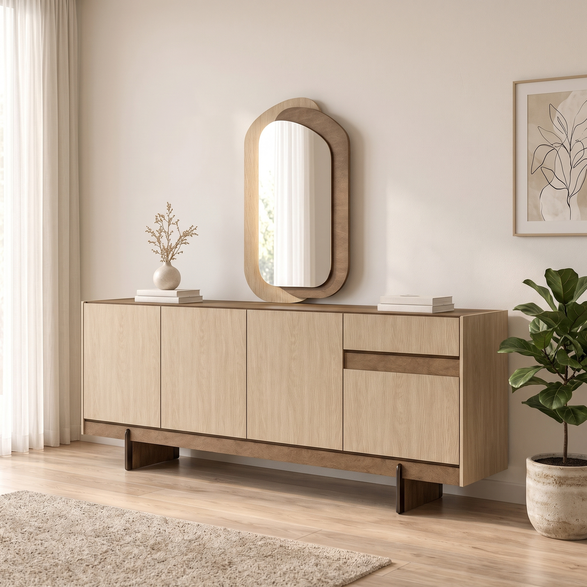 Rota Sideboard with Mirror in pale oak and walnut, styled in a bright dining area
