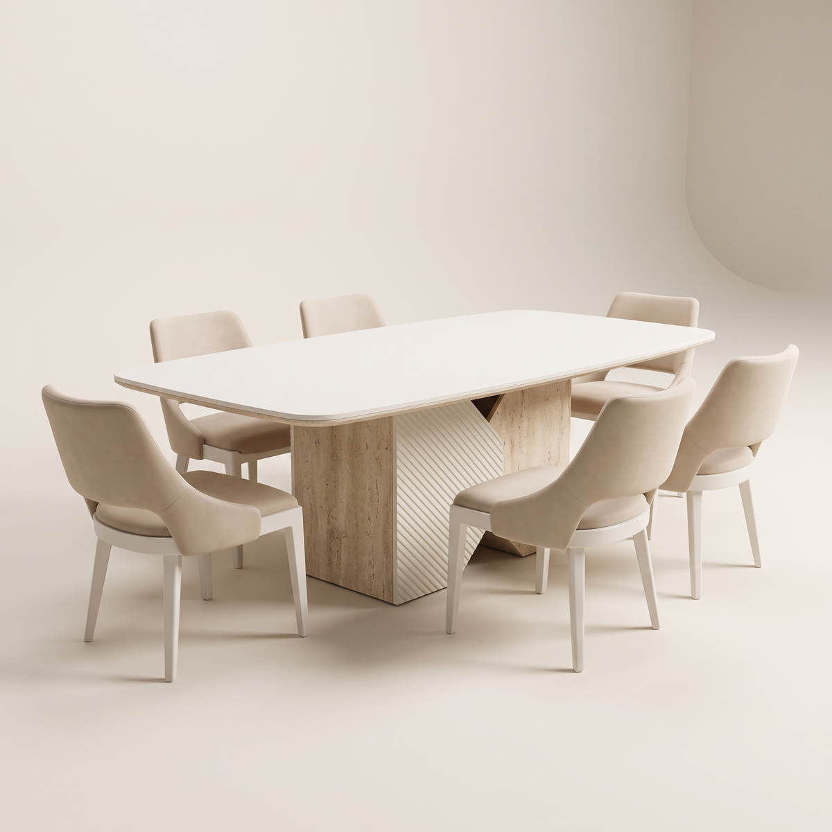 Alfa Dining Table Set with six chairs, full studio view