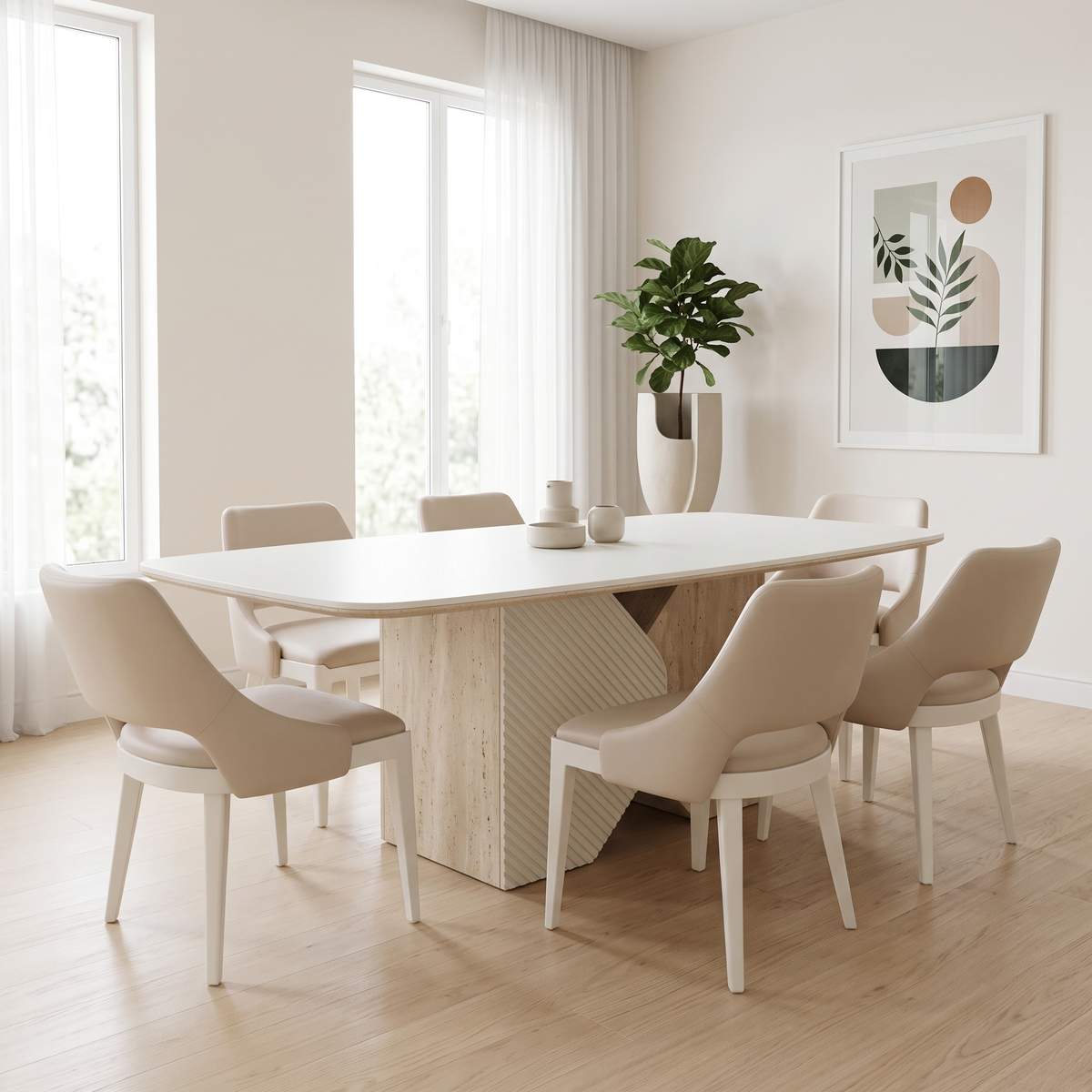 Alfa Dining Table Set seen diagonally, showing the sculptural travertine and ribbed base