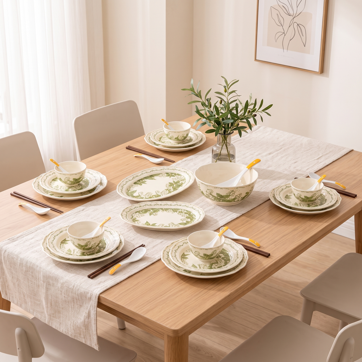 Yanhe Dinnerware Set 2 laid for a family meal on an oak dining table