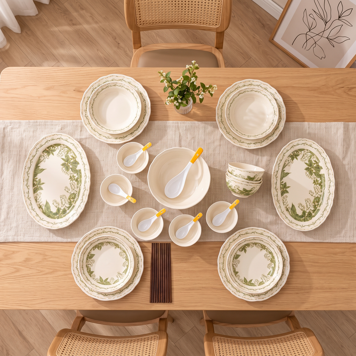 Overhead view of the Yanhe dinnerware set on a linen runner