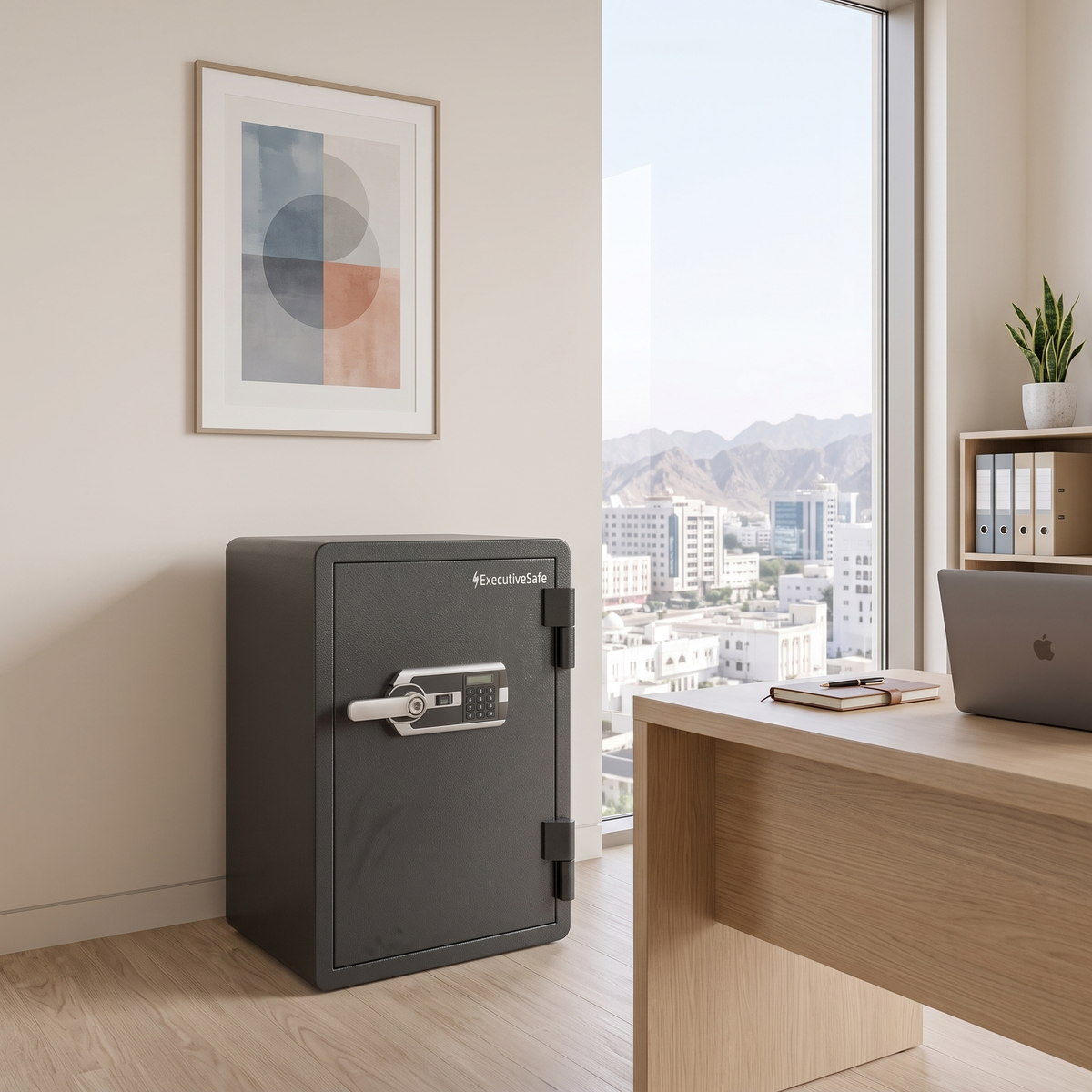 ExecutiveSafe Security Safe #ES060 beside a desk in an upper-floor Muscat office