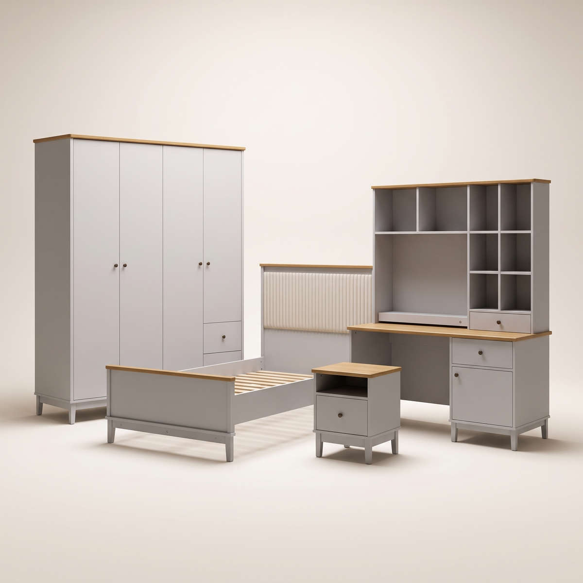 Etro Grey Bedroom Set, studio view of bed, nightstand, desk and wardrobe