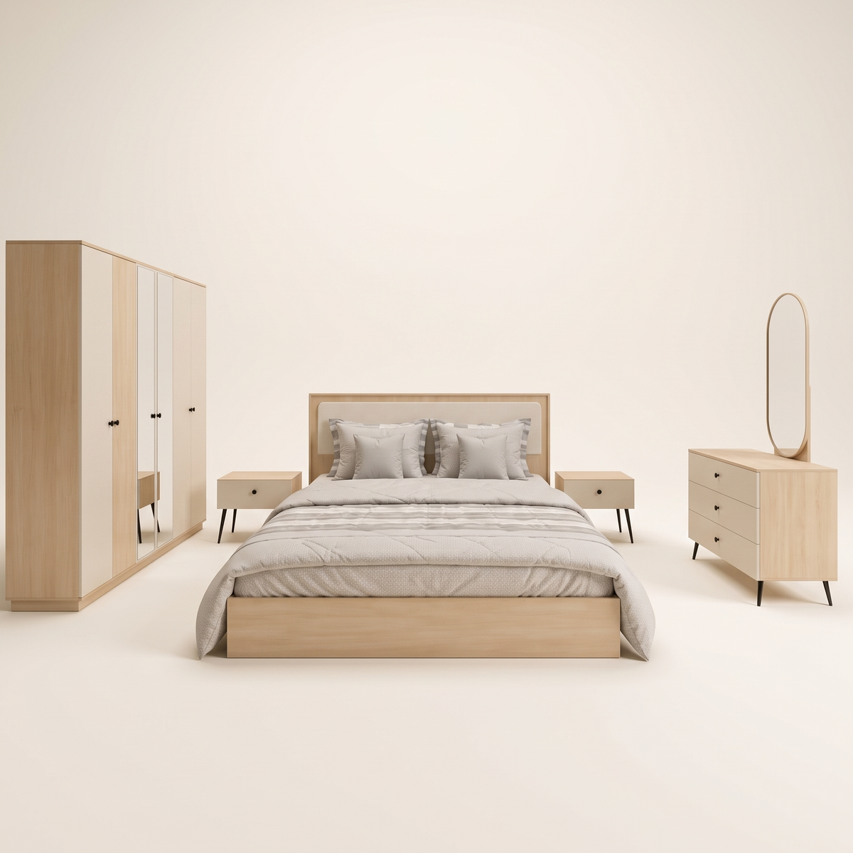 Maya King Bedroom Set, studio view of all five pieces