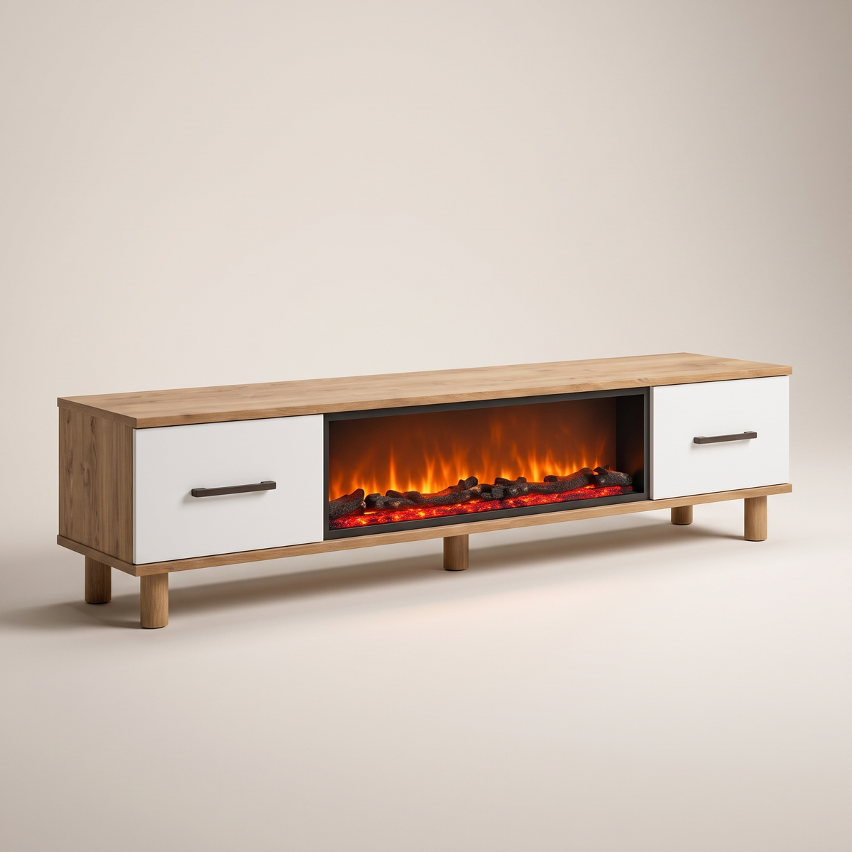 Cemre TV Stand with Fireplace, studio shot on a warm off-white backdrop