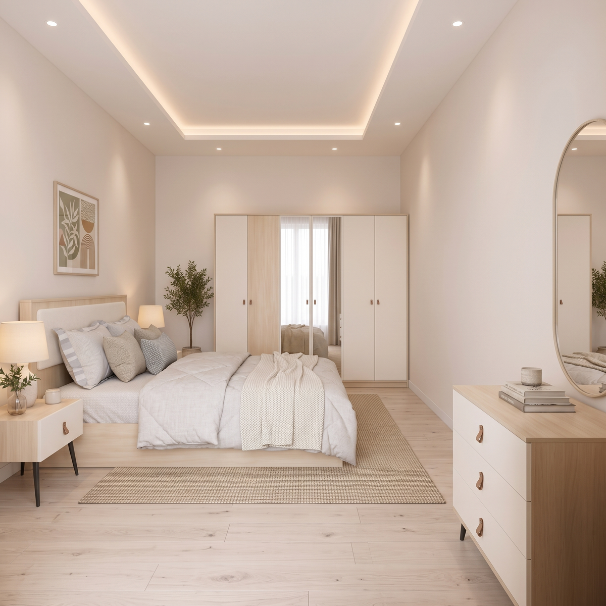 Maya King Bedroom Set, diagonal view with dresser and mirror