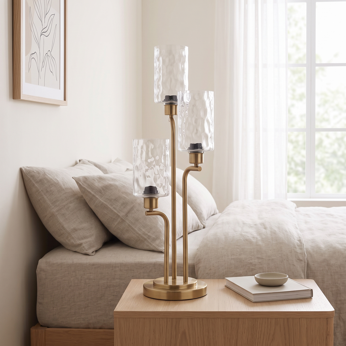 Three-Light Table Lamp #ML83537 on a bedside table, side view