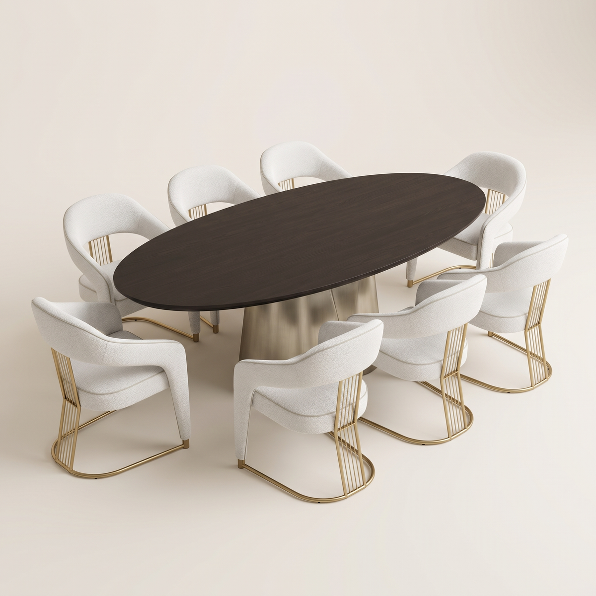 Oval Pedestal Dining Room Set #307, studio view of table and eight chairs