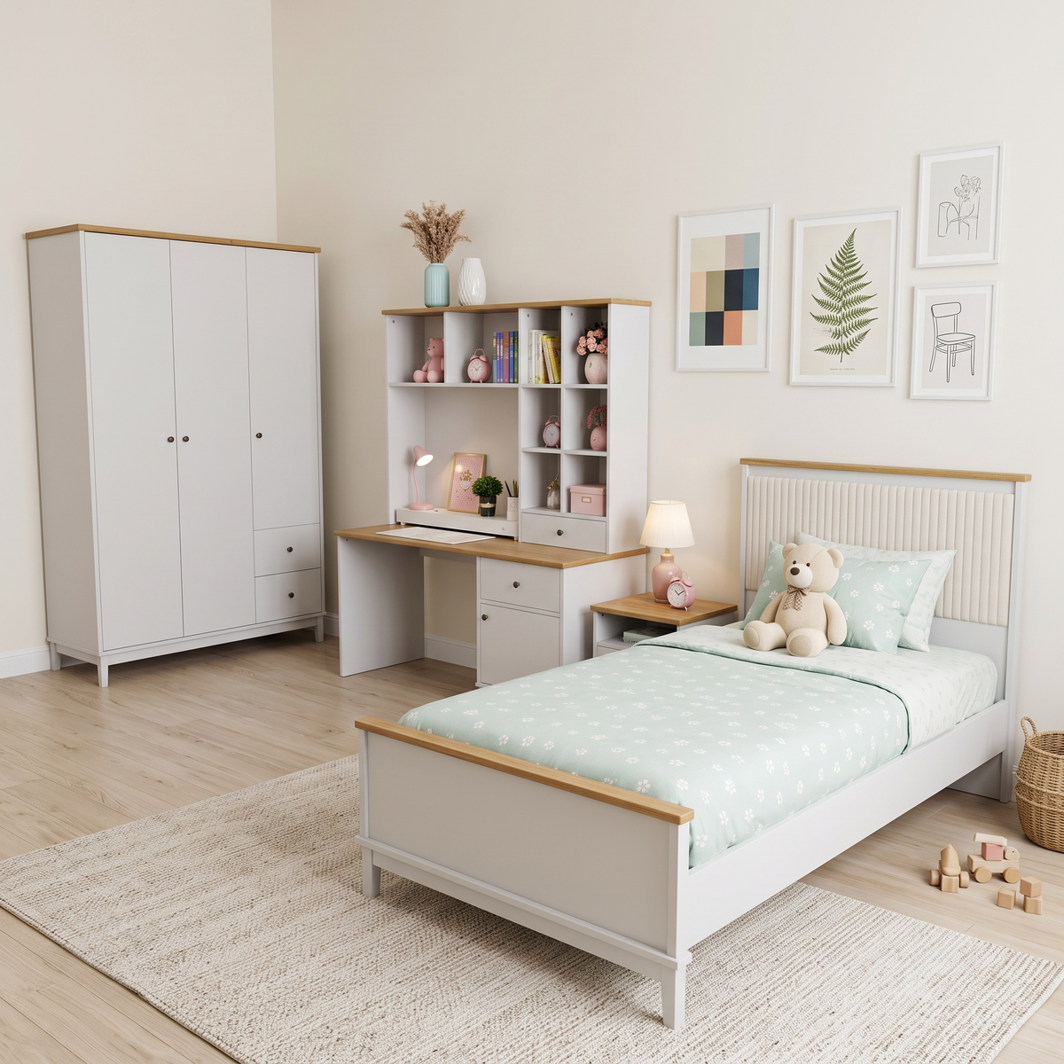 Etro Grey Bedroom Set, diagonal view towards the study desk