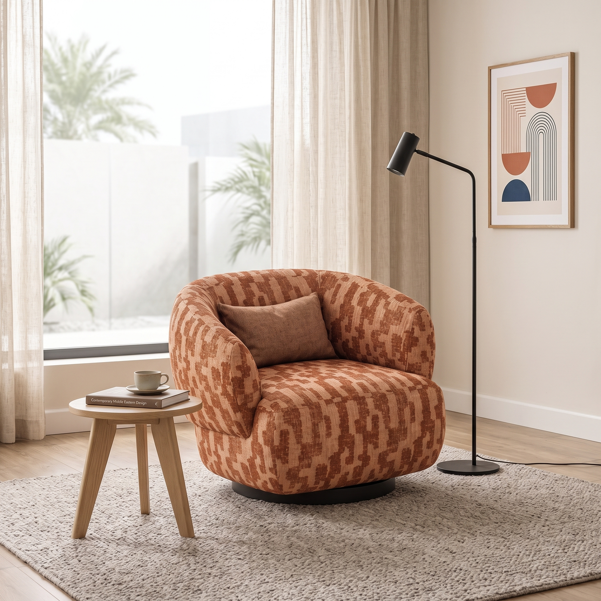 Rota Sofa Arm Chair in terracotta pattern in a bright reading corner