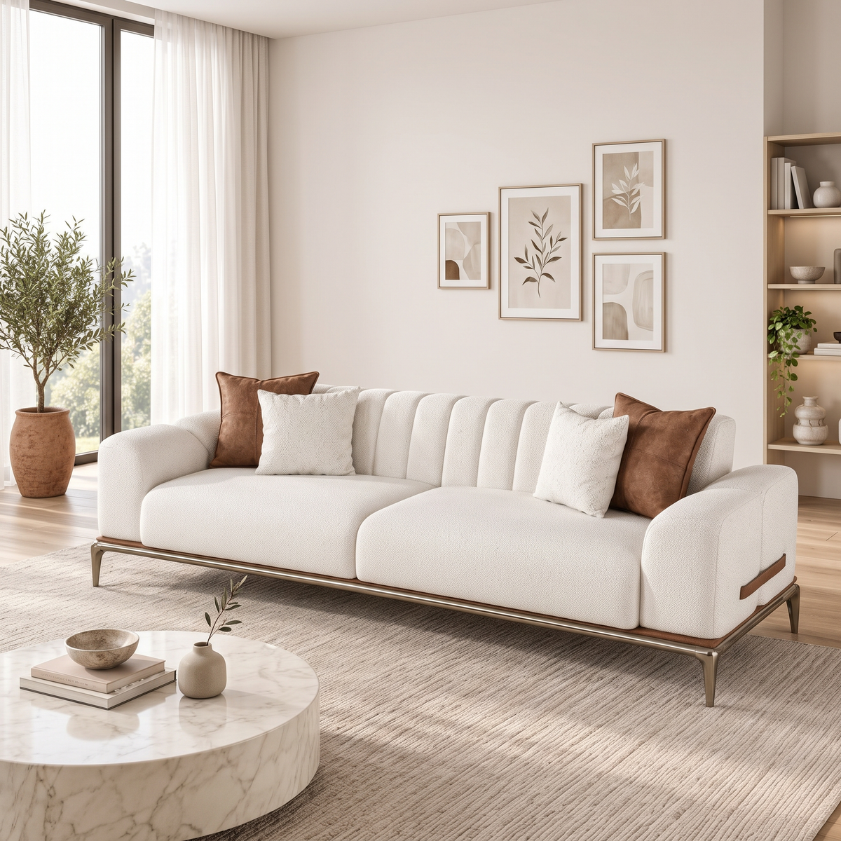 Stil 3 Seater Sofa in ivory boucle with cognac accents in a bright living room