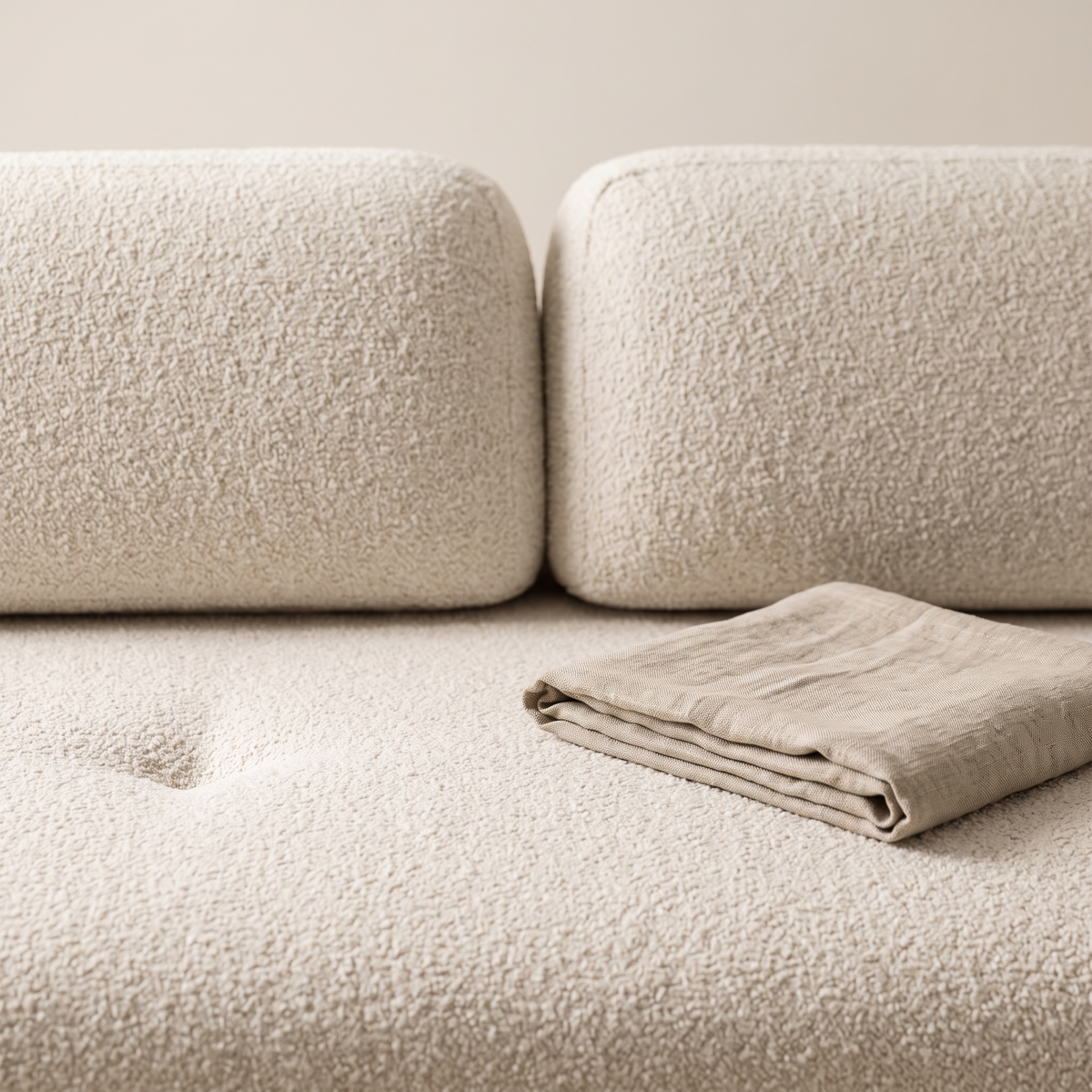 Rota sofa back cushions and tufted seat with a folded linen throw