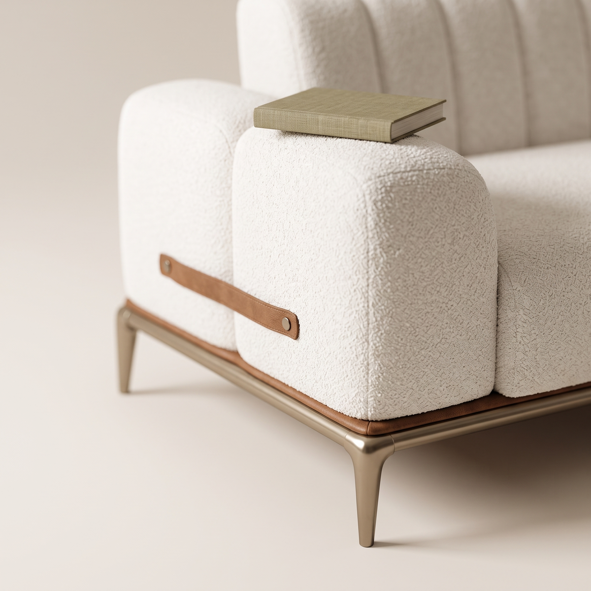 Stil sofa armrest with cognac leather tab and tapered metal leg