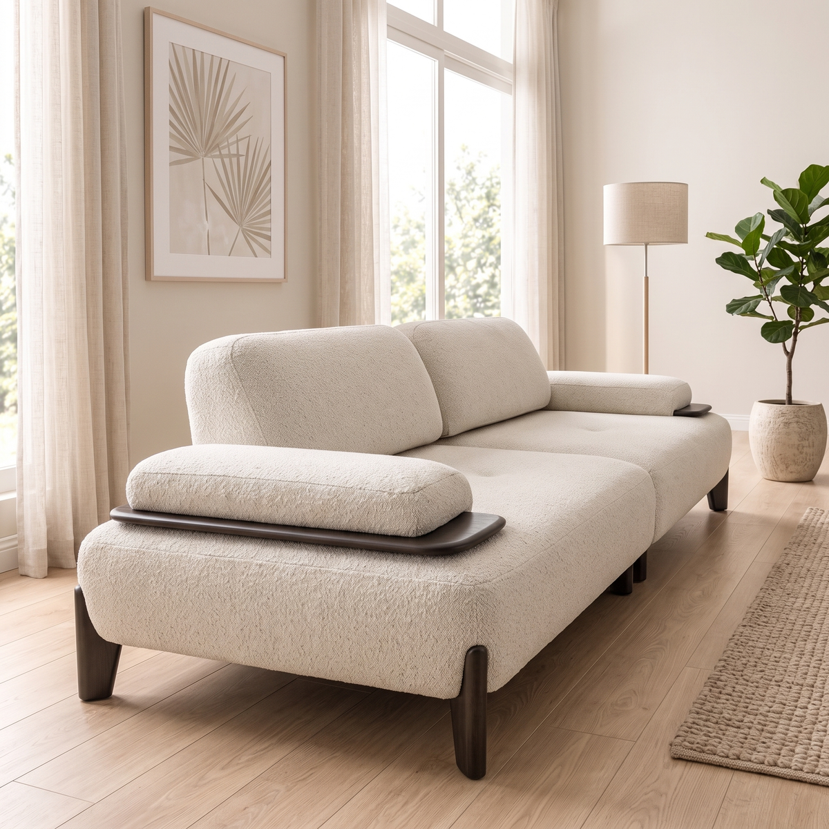 Rota sofa seen from its end, showing the arm cushion on its dark wood tray