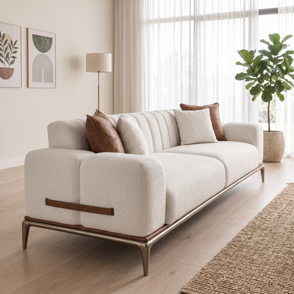 Stil sofa seen from its end, showing the rounded arm and leather tab