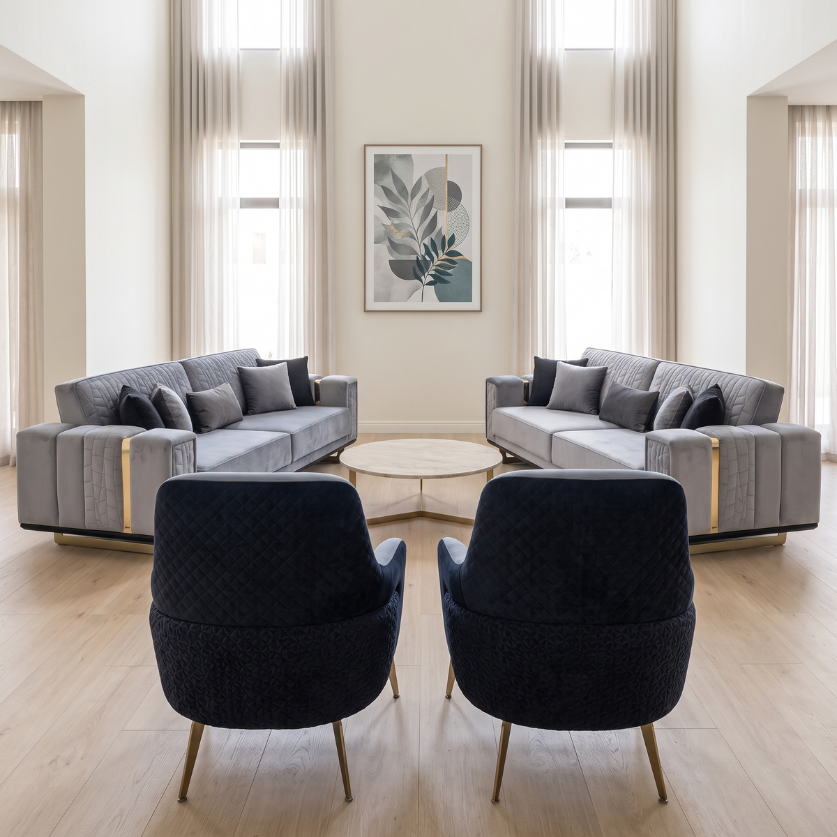 Charisma set seen from behind the two armchairs, three seaters facing each other