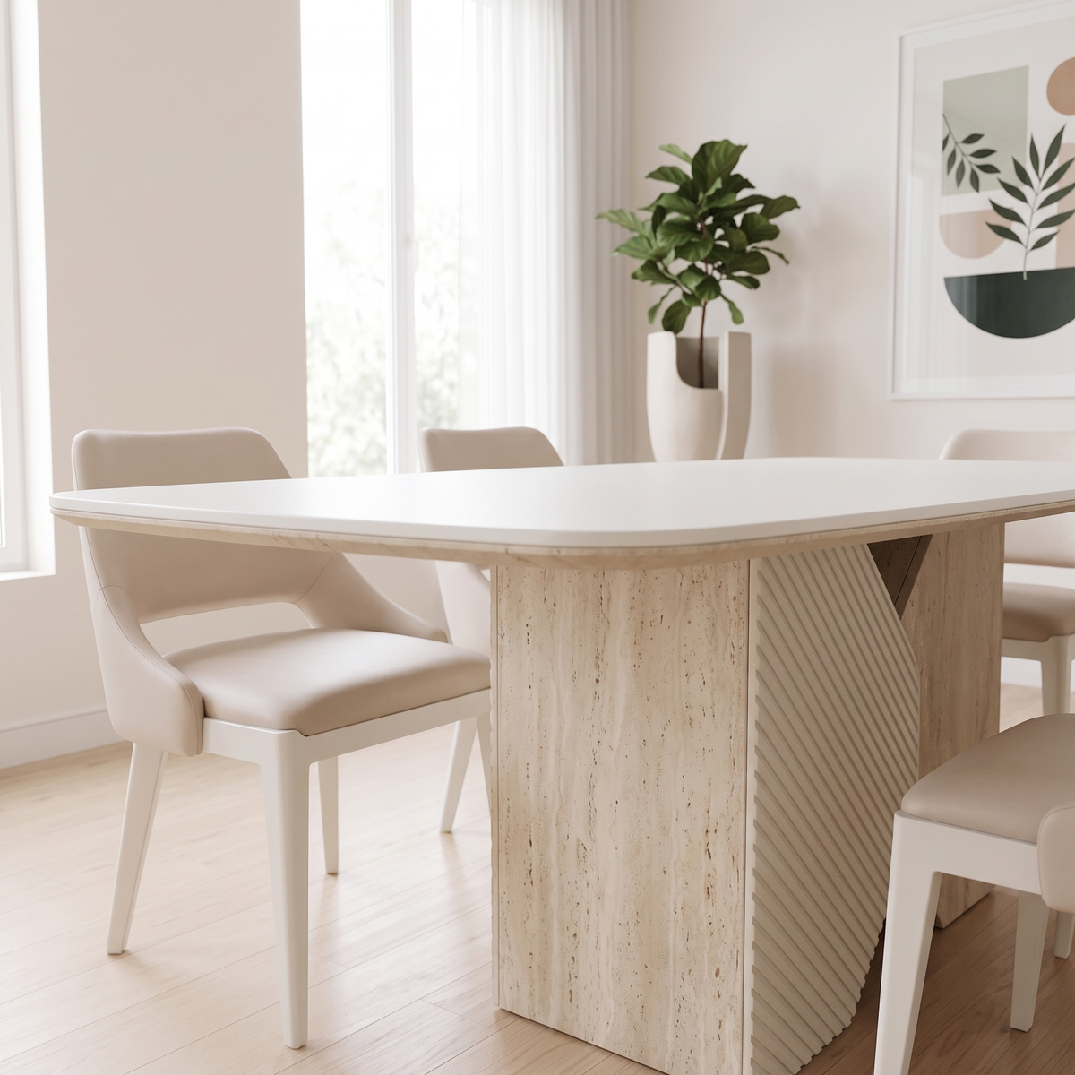 Close angled view of the Alfa table corner, base and upholstered chairs