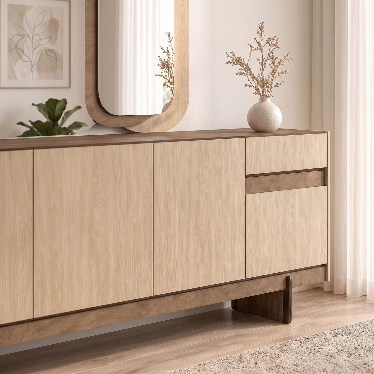 Close angled view of the Rota Sideboard oak doors and walnut pull strip
