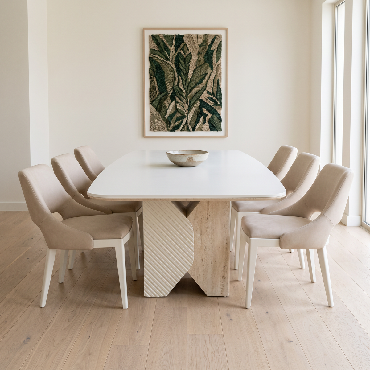 Alfa Dining Table Set with six cream-beige chairs in a bright dining room