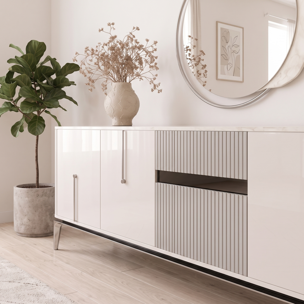 Close angled view of the Stil Sideboard fluted centre drawers and silver handles