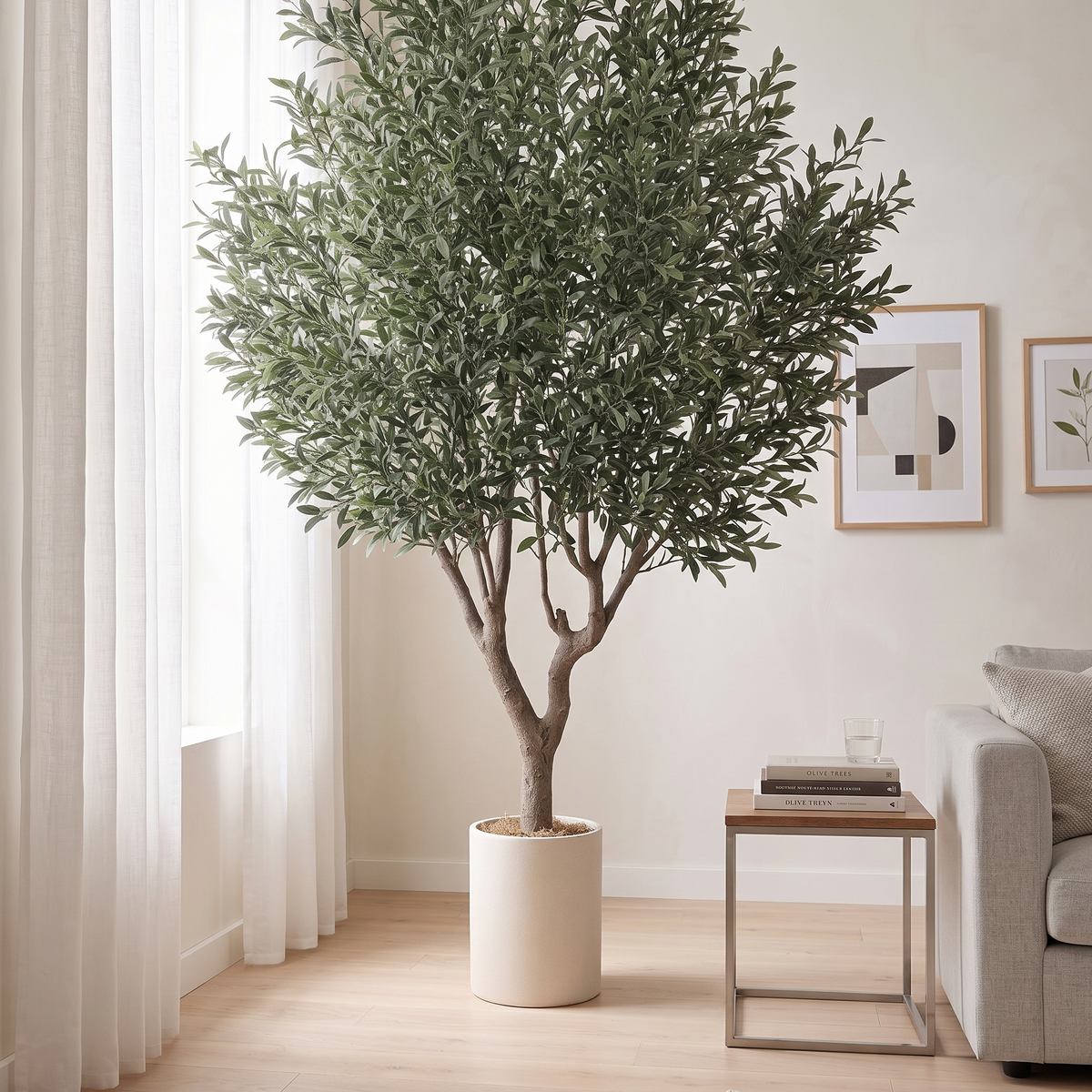 Closer view of the artificial olive tree trunk, pot and lower crown