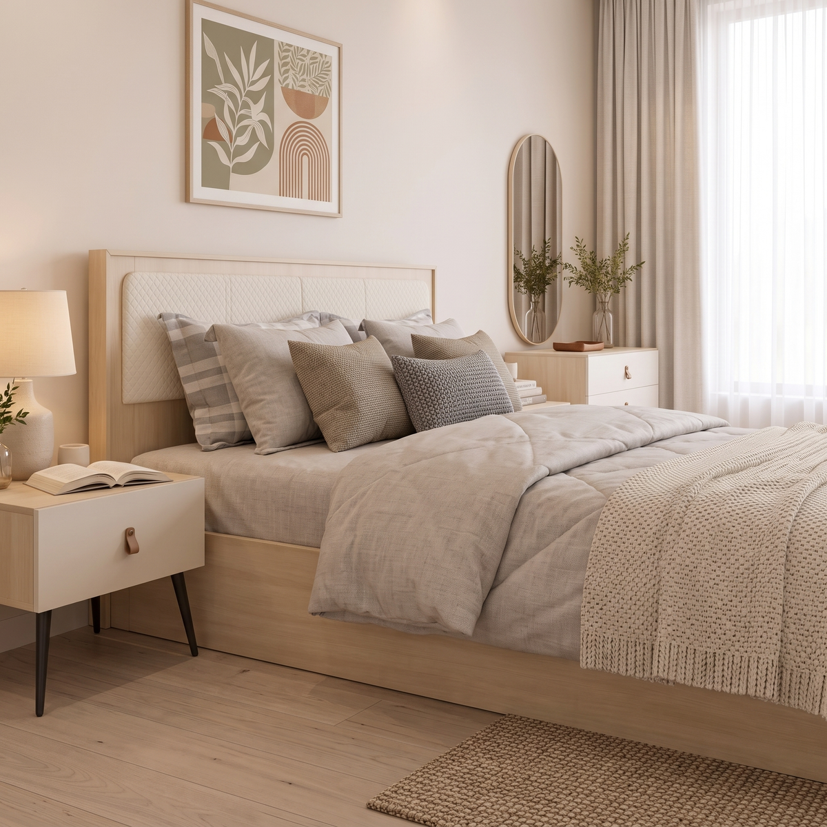 Maya King Bedroom Set, closer angled view of bed and nightstand