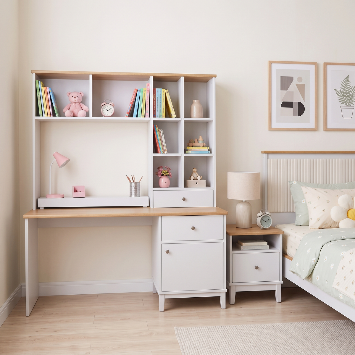 Etro Grey Bedroom Set, closer angled view of the study desk, hutch and nightstand