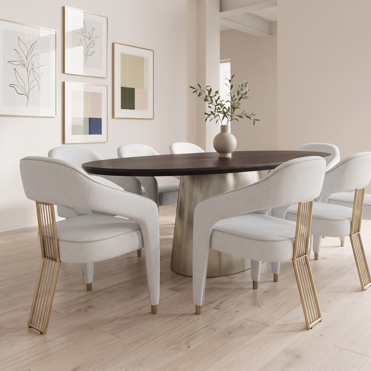 Oval Pedestal Dining Room Set #307, closer angled view of chairs and pedestal