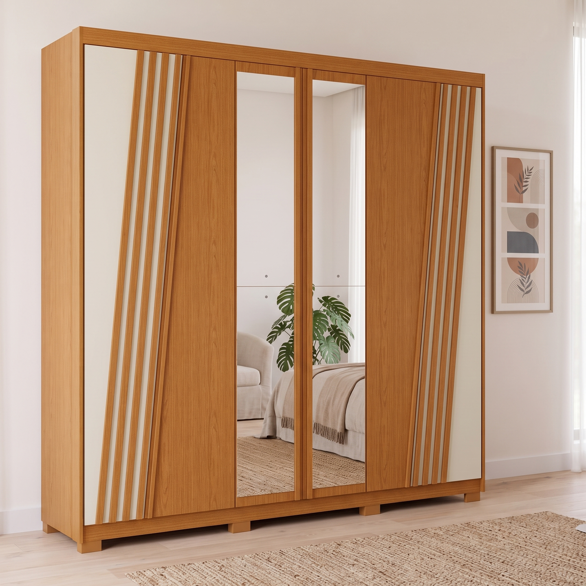 Ouro Verde 6 Door Wardrobe, closer angled view of the mirrored and striped doors
