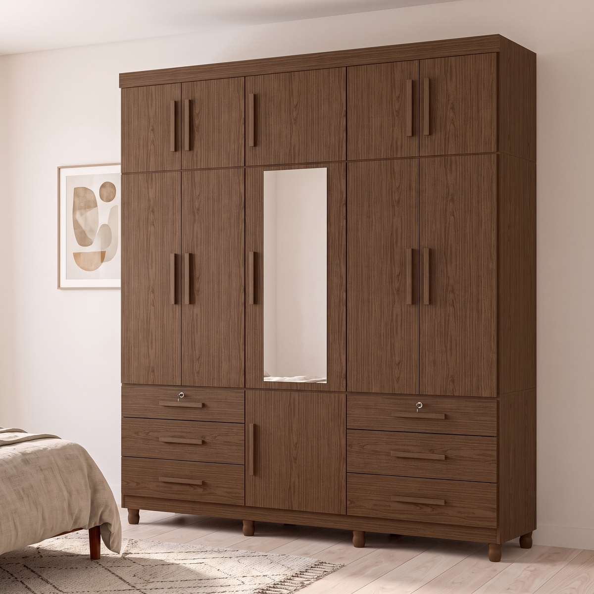 Triton Large 11 Door Wardrobe, closer angled view of doors, mirror and drawers